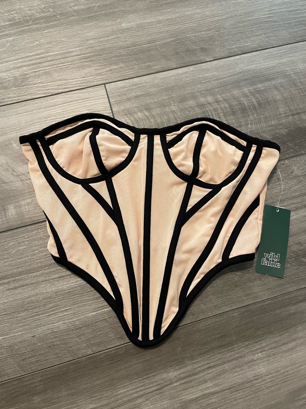Women's Strapless Nude Corset Bustier Top with Black Trim Size Small